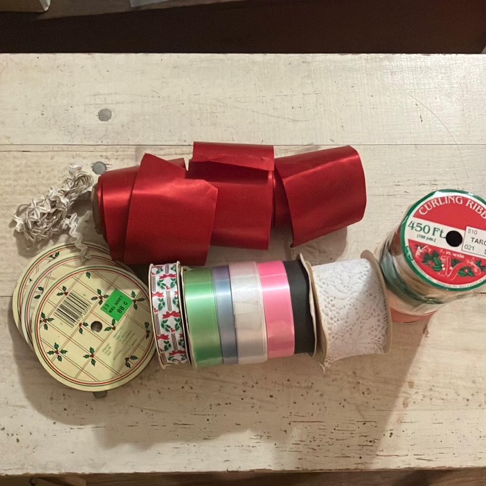 Vintage Used Ribbon Lot Christmas, Satin, Red Velvet